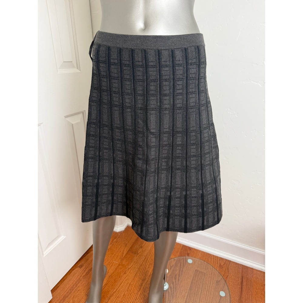 GNW Gray Black Plaid Sweater Knit A Line Skirt Ribbed Windowpane Checked Large